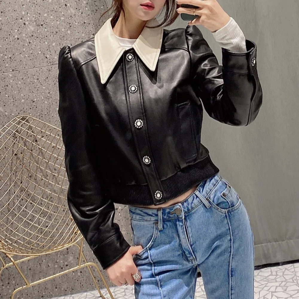 Lady Leather Jackets 2022 New Genuine Sheepskin Short Coat Single-Breasted Contrast Collar Elegant Fashion Autumn Outwear 9086