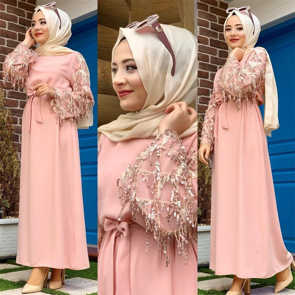 

Caftan Marocain Women's Dress Abaya Dubai Muslim Woman Clothing Fashion Sequin Stitching Loose Robe Lady Solid Color Dresses