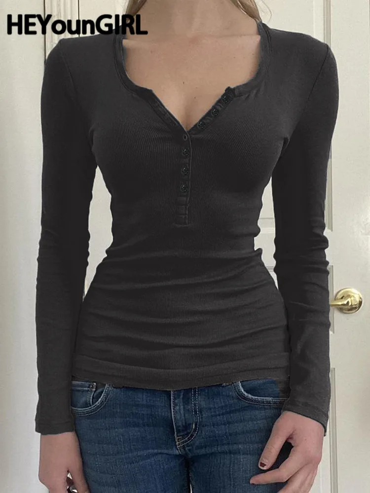 

Базовые Женские облегающие пуловеры HEYounGIRL, футболка с длинным рукавом, повседневные зимние топы на пуговицах, однотонная универсальная ули...