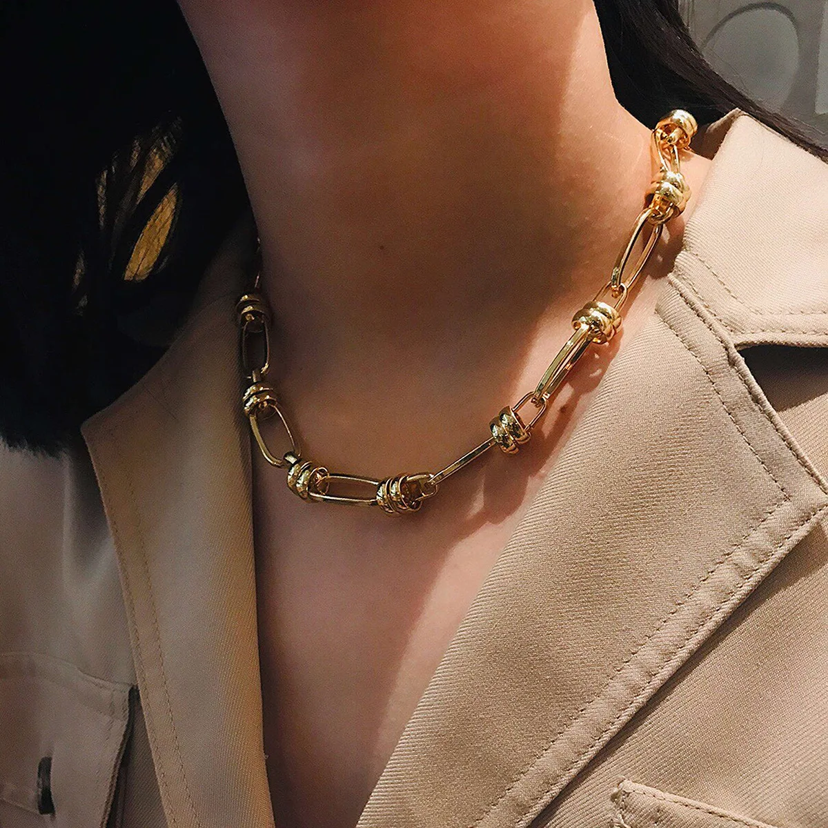 

All-match temperament metal hollow necklace geometric simple oval chain women's necklace bracelet