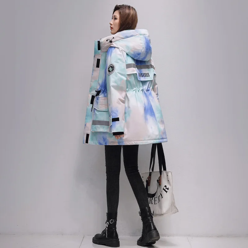 Женский пуховик средней длины зимняя новая модная Толстая парка контрастных