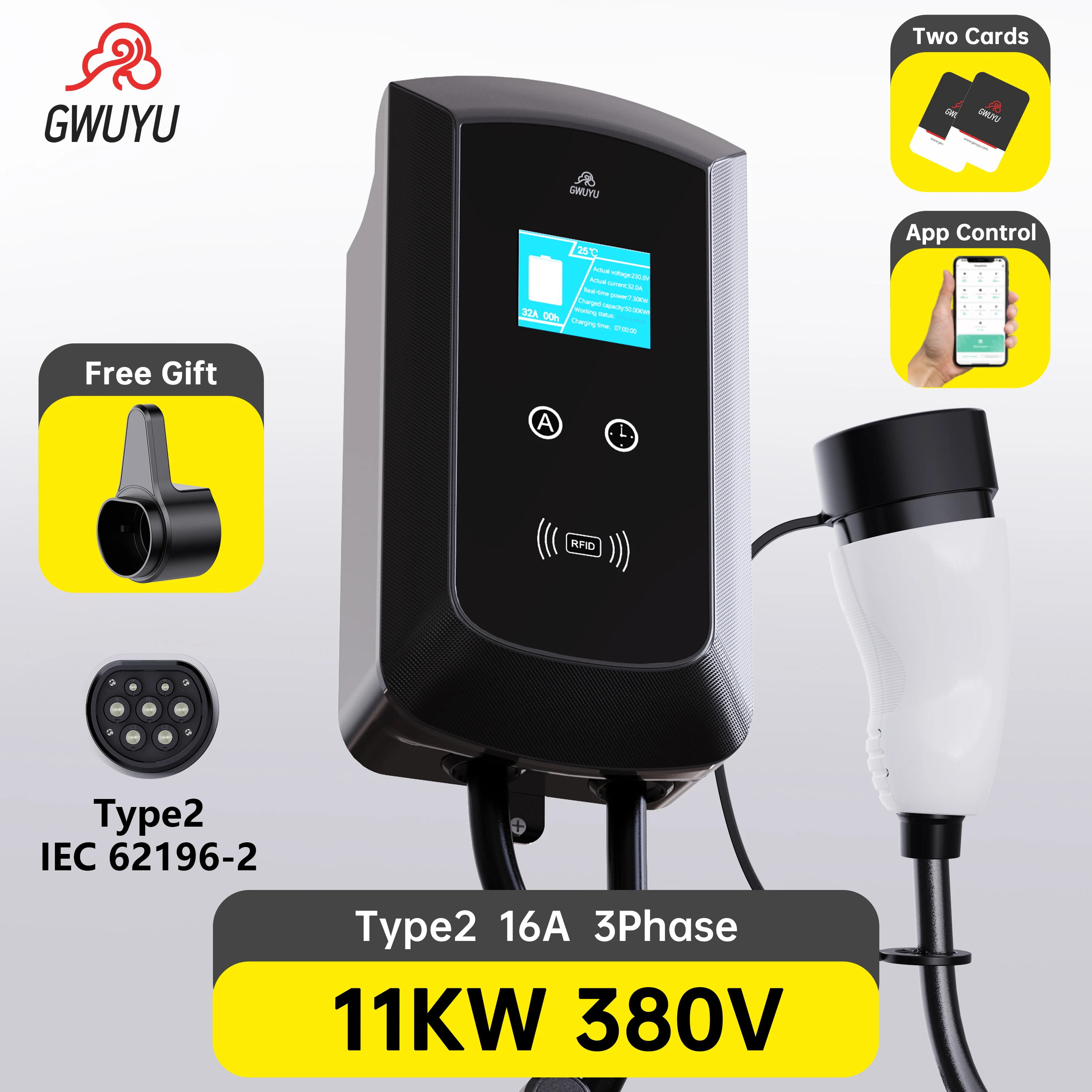 Зарядная станция EV Wallbox Type2 IEC-62196-2 Кабель 1 фаза 7 кВт 3 фазы 11 22 Настенное