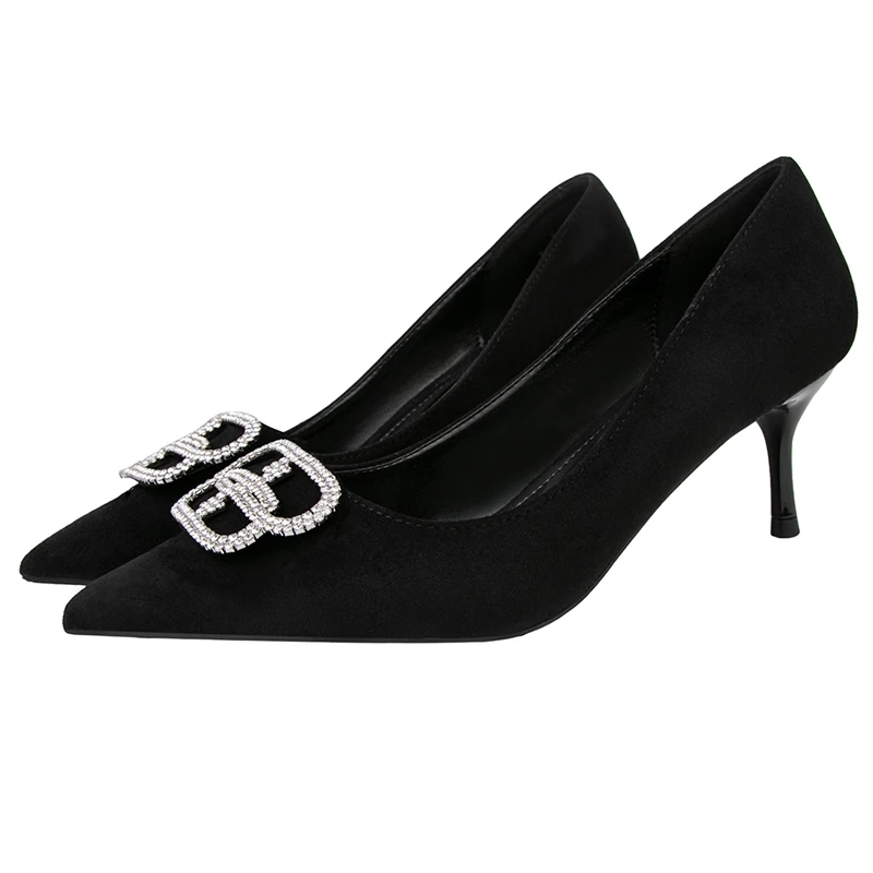 

2022 luxury high-heeled shoes stiletto suede pointed-toe rhinestone metal B-button sexy slim women's shoes