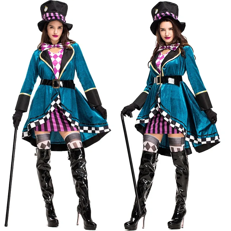 

Alice in Wonderland Clown Mad Hatter Costume Women Fantasias Sexy Magician Cosplay Halloween Carnival Stage perform Magic Dress