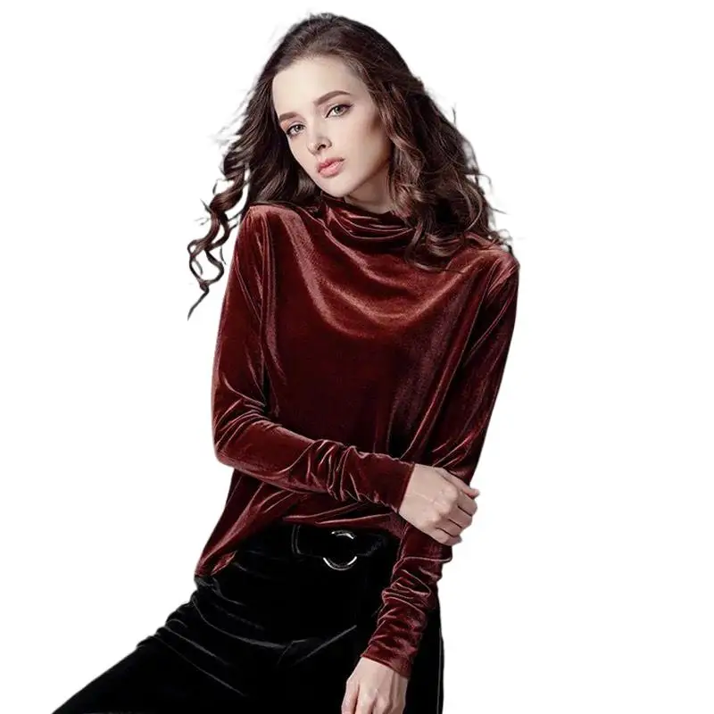 Женская винтажная бархатная рубашка с длинным рукавом и воротником-хомутом