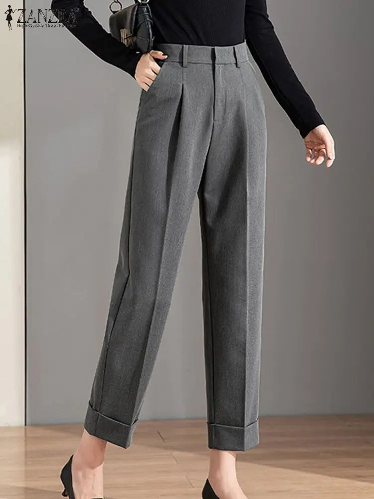 

ZANZEA Fashion Pleated Trousers Femme Casual Women Office Wear High Waist Pants 2023 Autumn OL Elegant Pockets Cropped Pant