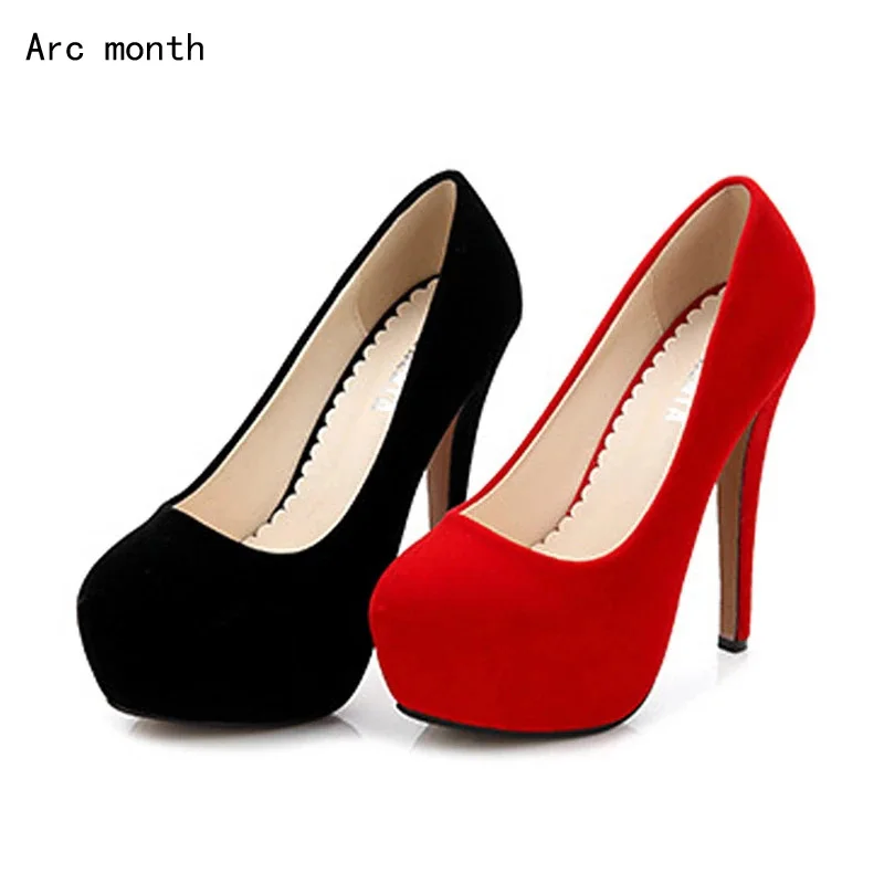 

14cm Extreme High Heels Women Platform Shoes 4cm Waterproof Flock Party Sexy Stiletto Heels Women's Shoes Size 46 Round-Toe