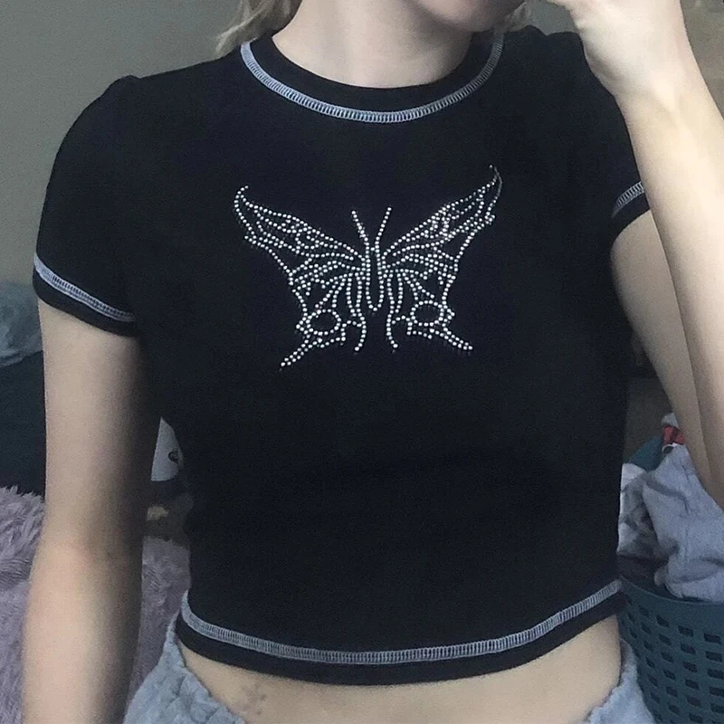 

Street Butterfly Rhinestone Tee Short Sleeve T-Shirt Y2k Clothes Women Harajuku Aesthetic Vintage Punk Crop Top korean fashion