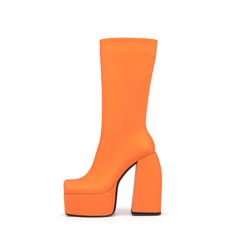 

Winter Fashionable Square Toe Chunky High Heel Half Knee High Boots for Girls Side Zipper Soft Mircorfiber Leather Short Booties