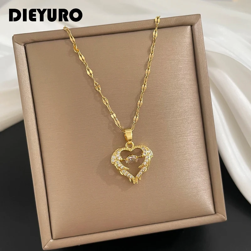 

DIEYURO 316L Stainless Steel Heart Wing Zircon Pendant Necklace For Women Fashion Girls Clavicle Chain Party Jewelry Gift Bijoux