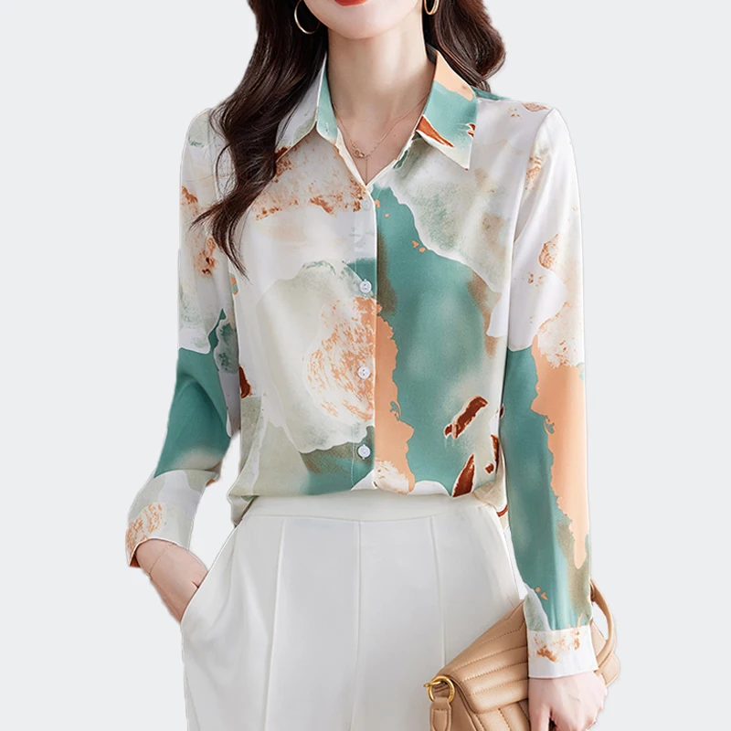 Женская атласная Блуза с длинным рукавом на пуговицах