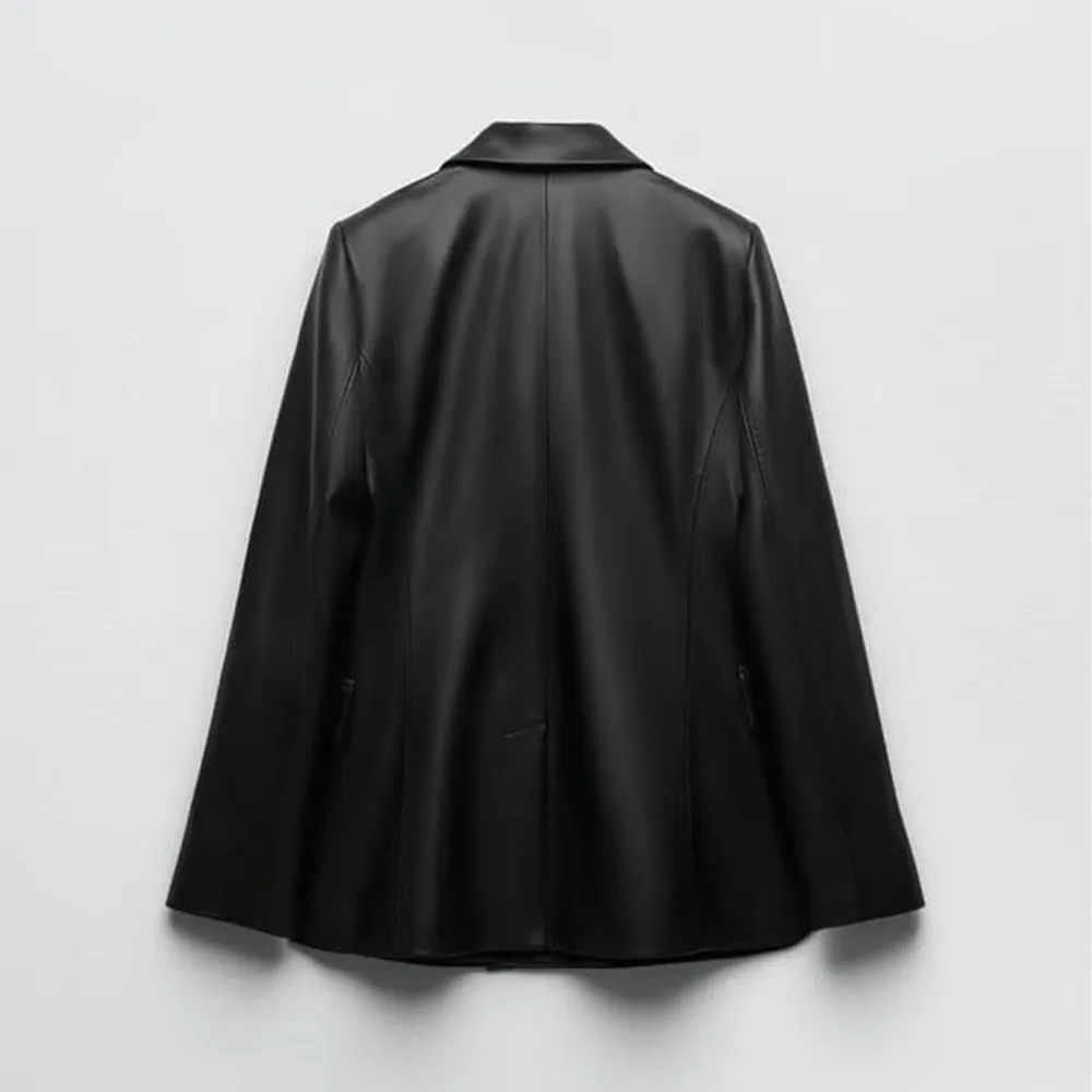 Fall new fashion women's handsome versatile lapel long sleeve double-breasted black imitation leather blazer