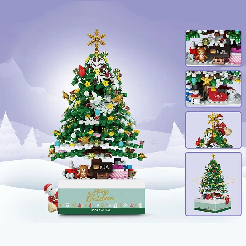 

New Christmas Tree Rotate Music Box Building Blocks Santa Claus Diy Education Assembled Children's Christmas Gifts With Battery