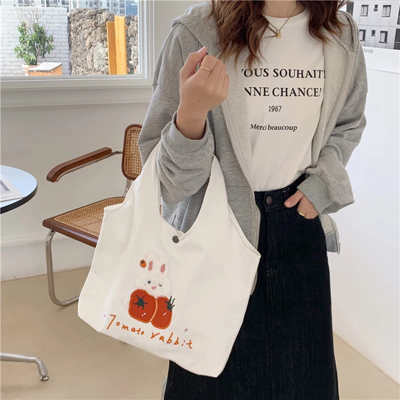 Green Shoulder Bag for Women Bunny Embroidery Large Capacity Canvas Tote Handbags Korean Fashion Cute Shopping Bags Female MO507