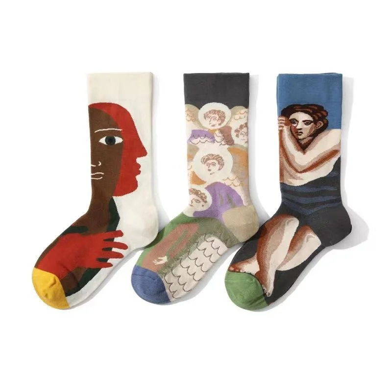 

3 Pairs Women's Socks Oil Painting Socks Middle Tube Socks Women's Cotton Socks Human Body Portrait Calcetines