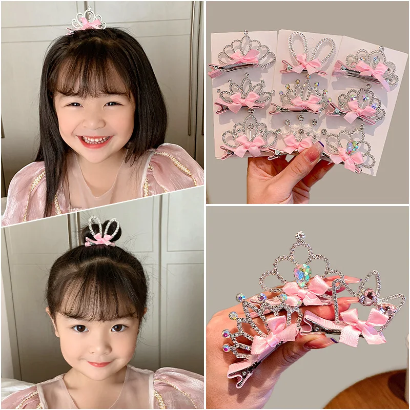 

3D Rhinestones Crown Hair Clip Ribbon Bow Hairpin Cute Girl Hair Ornaments Princess Crown Hair Accessories Children Headwear
