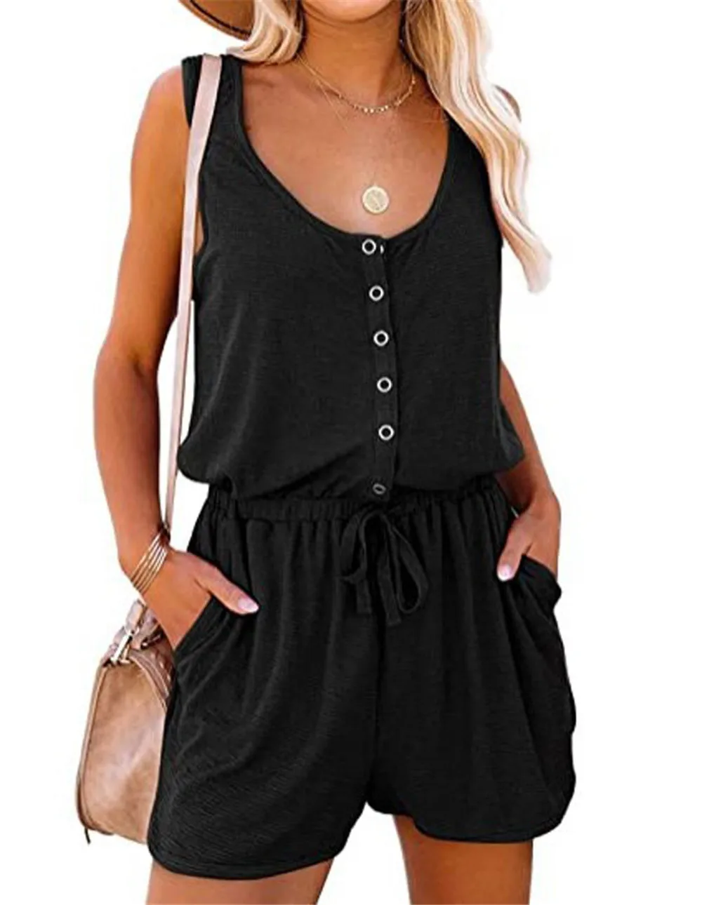 

Women 2022 Summer New Solid Color Sleeveless High Waist Button Jumpsuit Ladies Pocket Tie Casual Loose Wide Leg Shorts Rompers