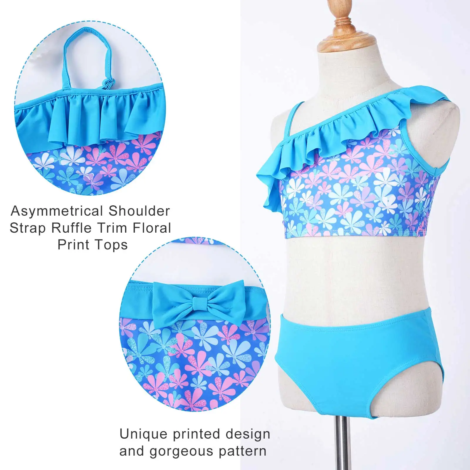 Summer Beach Swimming Suit Kids Girls Swimsuit Swimwear 3Pcs Ruffles Floral Print Crop Top with Skirt Briefs Sets Bathing Suits