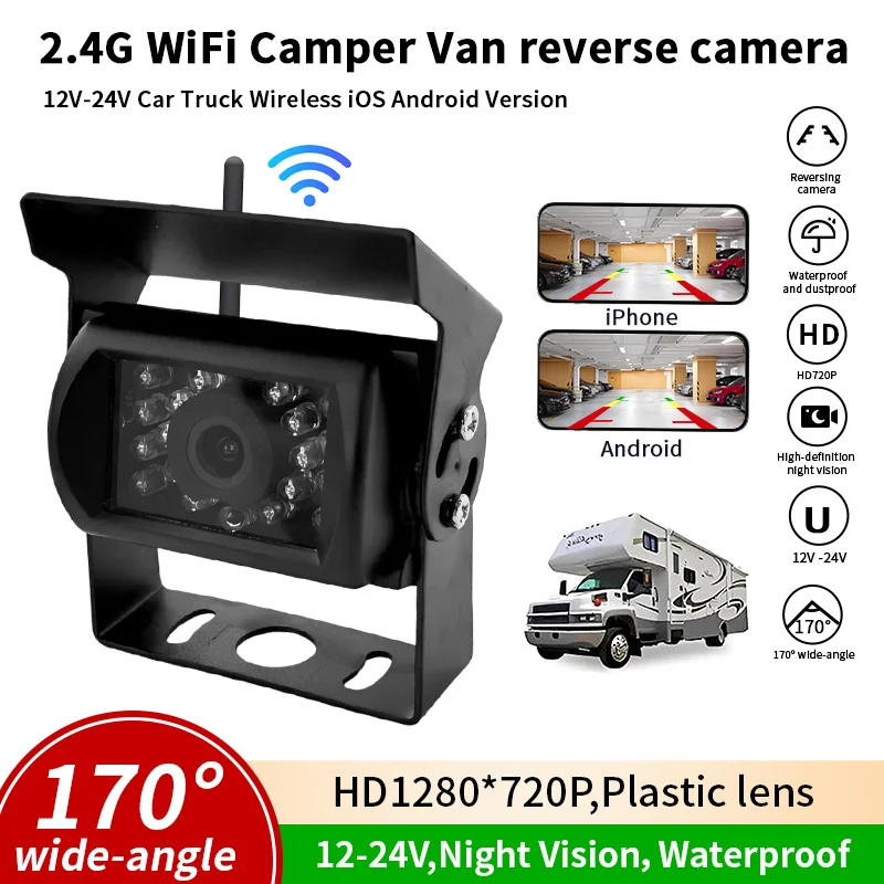 Фото Беспроводная Wi-Fi камера заднего вида HD 720P с ИК ночным видением, водонепроницаемая (IP68), для грузовиков, прицепов, автодомов и крупногабаритного транспорта №1