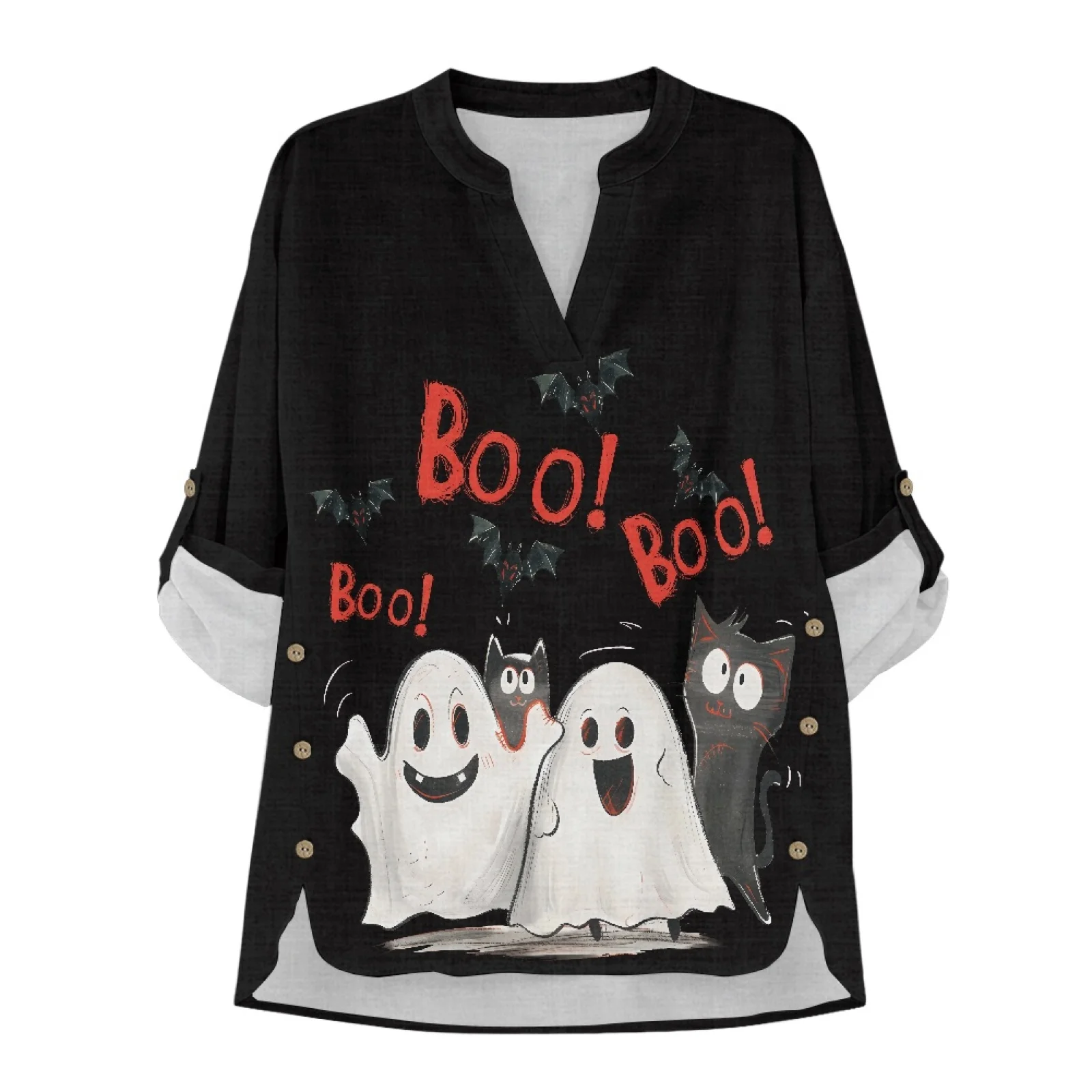 Фото PENSTROLL Ghost Cat Льняные блузки свободного кроя с длинными рукавами-отворотами для женщин, размеры S-5XL №4