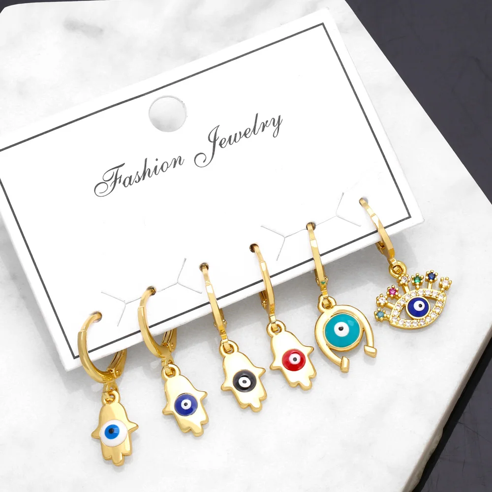 

FLOLA Y2K 6pcs/lot Polished Fatima Hand Evil Eye Earrings for Women CZ Crystal Greek Eye Dangle Earrings Turkish Jewelry ersa249