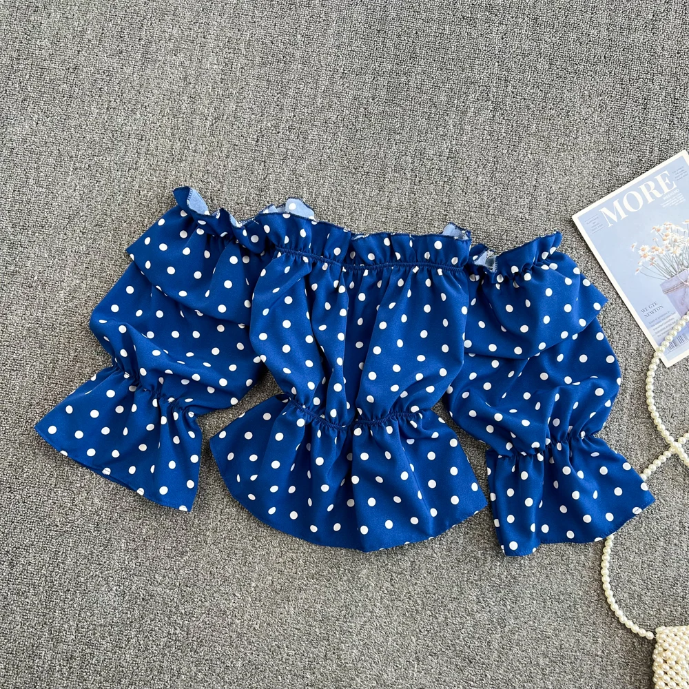 

polka dots off shoulder blouses woman puff long sleeve blouses female beach fashion shirts vintage femme blusas women clothing