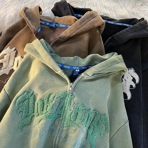 Women Embroidery Letter Hoodie Zipper Cute Horn Sports Street Cardigan Hooded	Retro Oversize Y2K Autumn Jacket