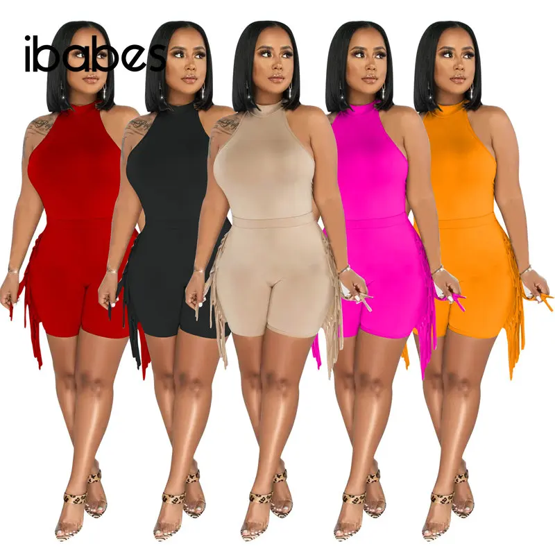 

Fitness Tassel 2 Piece Sets Women Summer Solid Tracksuits Vest Bodysuits Top High Waist Side Fringed Skinny Shorts Beach Suits