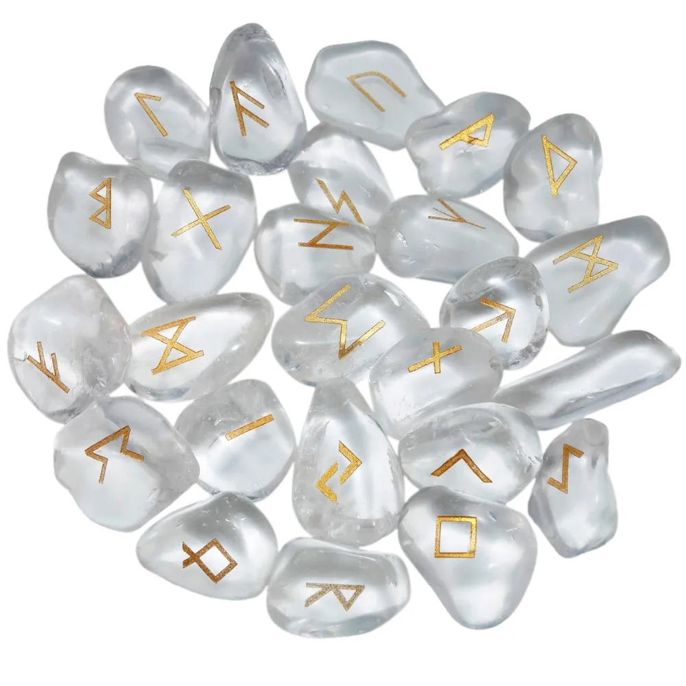 TUMBEELLUWA 1set (25Pcs) Natural Rock Quartz Engraved Rune Stones Healing Reiki Crystal Tumbled Stones Jewelry Fingurines