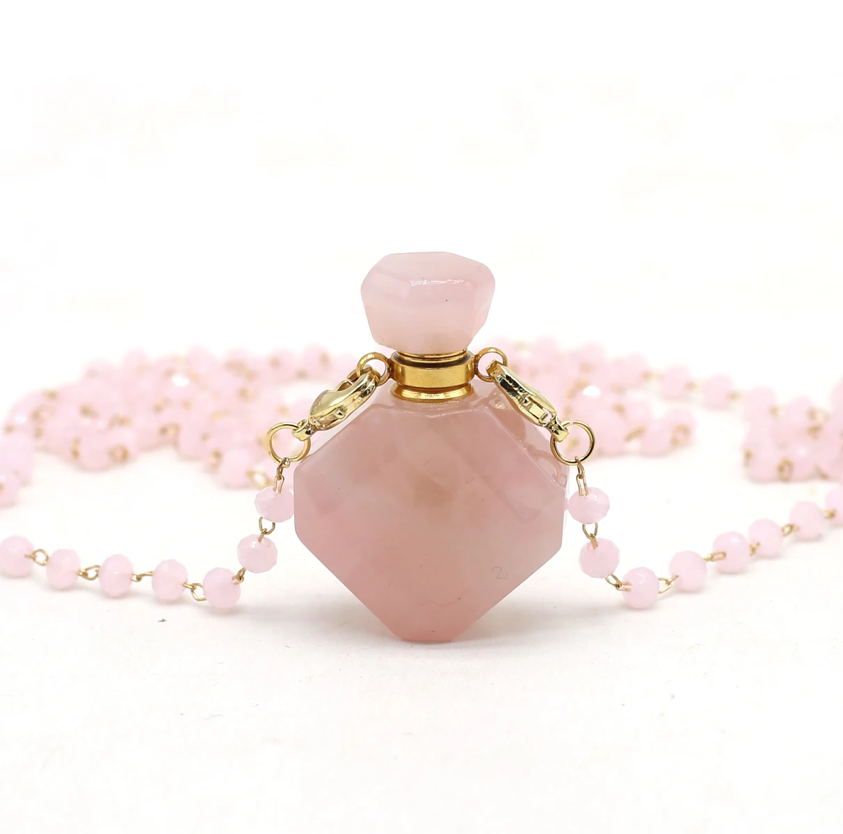 

Natural Stones Pink Crystal Rose Quartz Perfume Bottle Pendants with Chain Necklaces for Women Wedding Jewelry Gifts Wholesale