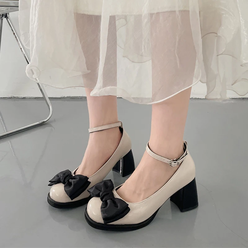 

ZOKI Sweet Bowknot Square Heels Pumps Women Round Toe Ankle Strap High Heels Shoes Woman Mix Color Platform Party Shoes Female