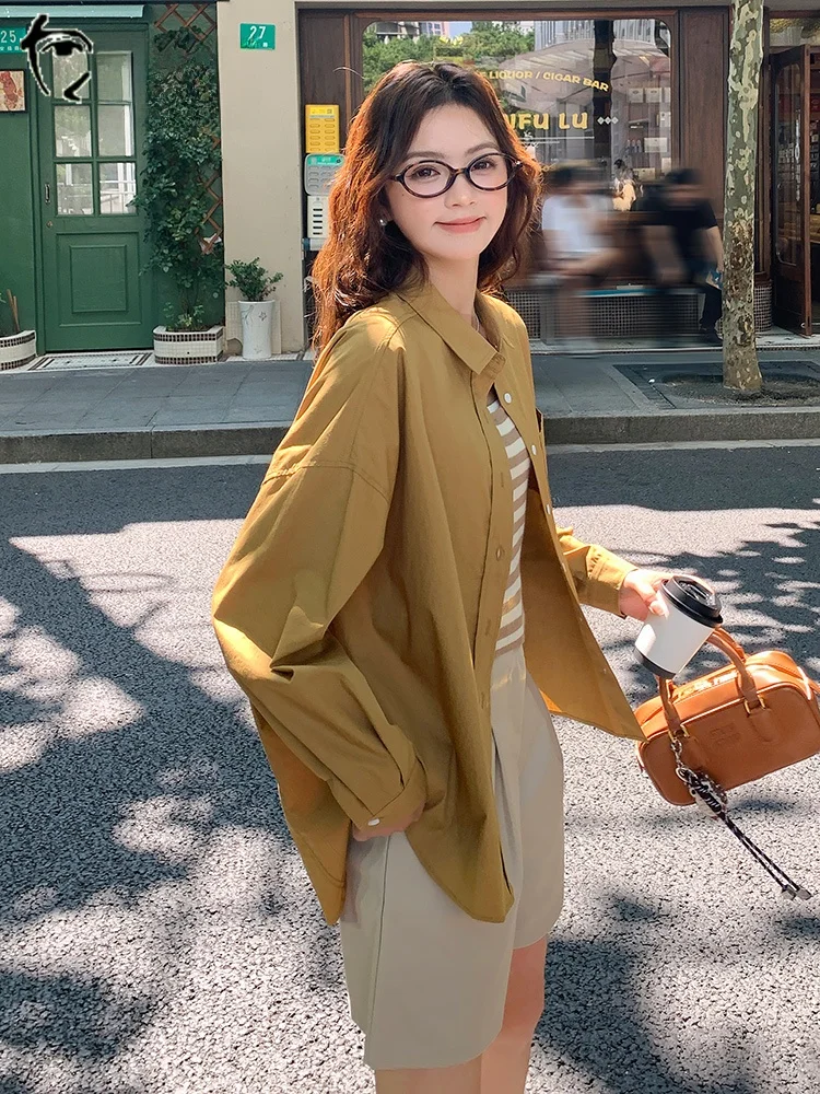 Популярные в этом году желтые рубашки из чистого хлопка женские весенне-осенние