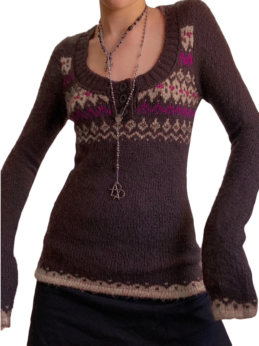 

Vintage Print Long Sleeves Button Knit Sweater Women s Casual Autumn Pullover Knitwear Tops Streetwear