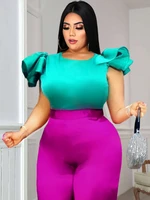 plus size green tops o neck short ruffles slim fit pullover short blouse office lady cocktail event shirts blouses 3xl 4xl