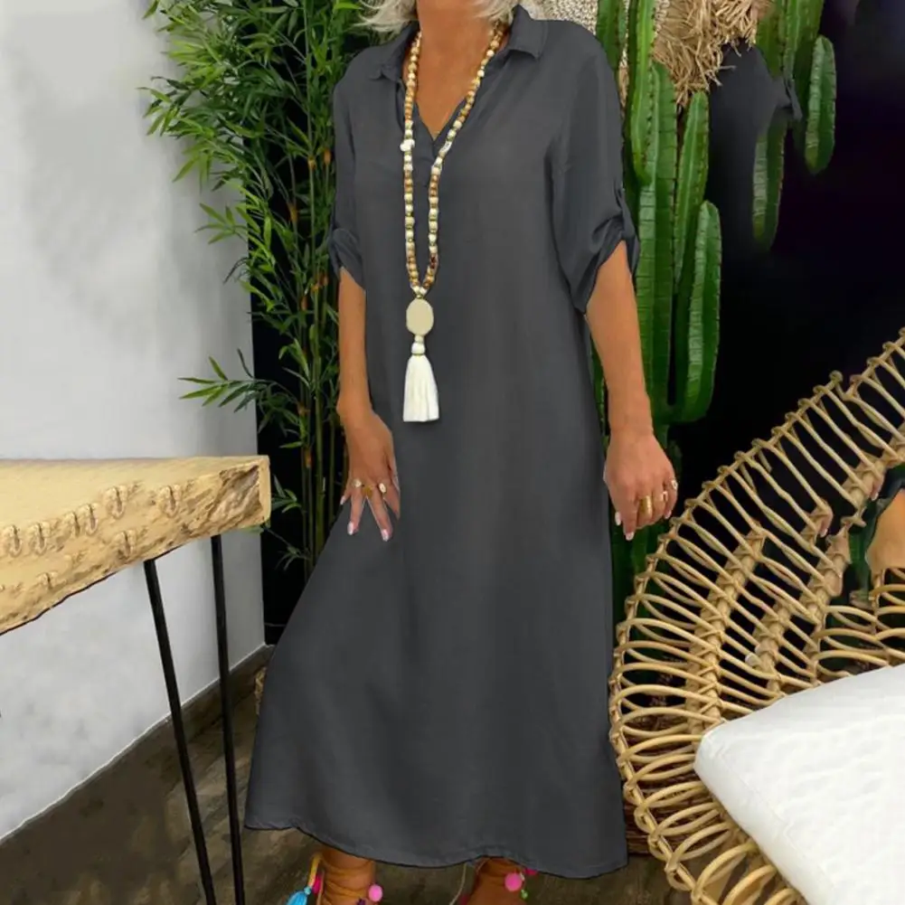 

Длинное платье-миди с манжетами, однотонное повседневное летнее платье с лацканами и V-образным вырезом, платье-миди с коротким рукавом, сво...