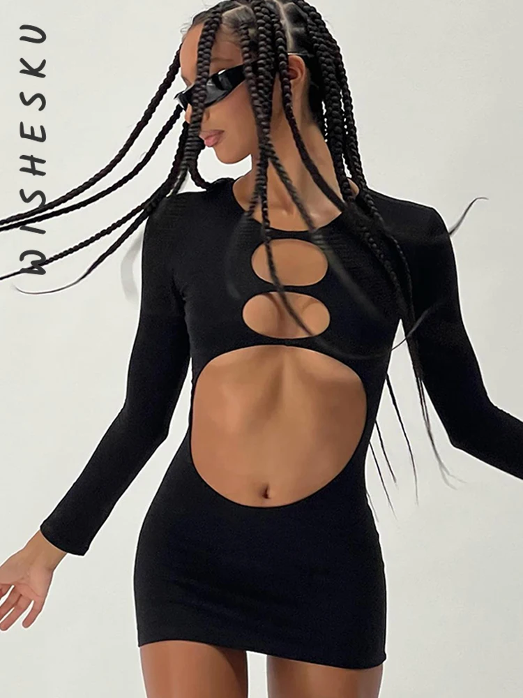 

Женское облегающее мини-платье, привлекательное однотонное облегающее короткое платье с круглым вырезом, длинным рукавом и вырезом, весна-...