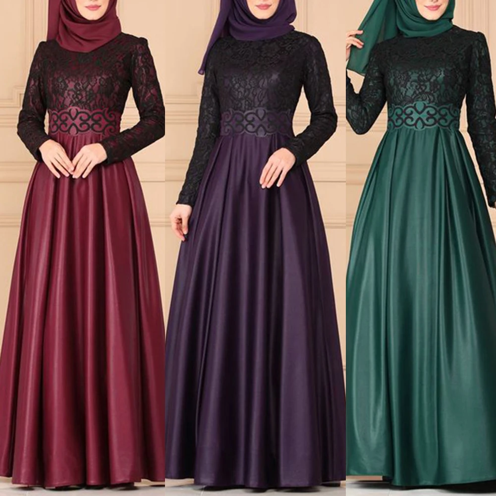 

Women Autumn Vintage Long Sleeves Muslim Lace Patchwork Long Dress Fall Female Fashion Full Elegant Length Dress Party Frocks