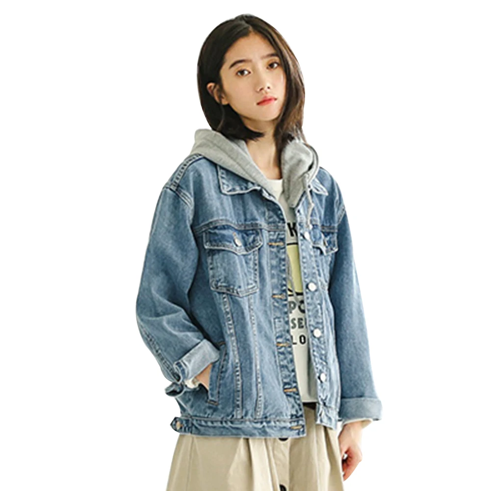 

Autumn Long Sleeve Denim Hooded Loose Button Pocket Casual Women Jacket