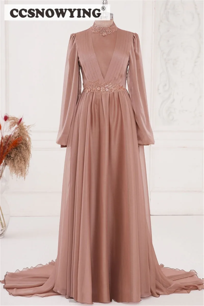 Dusty Rose Long Sleeve Muslim Evening Dresses Chiffon Appliques Islamic Hijab Formal Party Gown Women Prom Dress Robe De Soiree