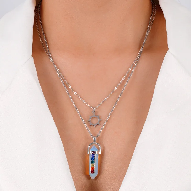

TULX Hexagonal Column Necklaces Natural Crystal Stone Sun Pendant Stainless Steel Chain Necklace For Women Fashion Jewelry