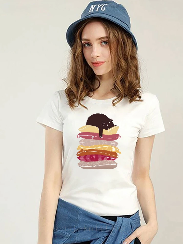 

Cat Cute Cartoon Print Women's Tshirts 2022 Summer Fashion Animal Graphic Vintage Harajuku Short Sleeve White Family Casual Tops