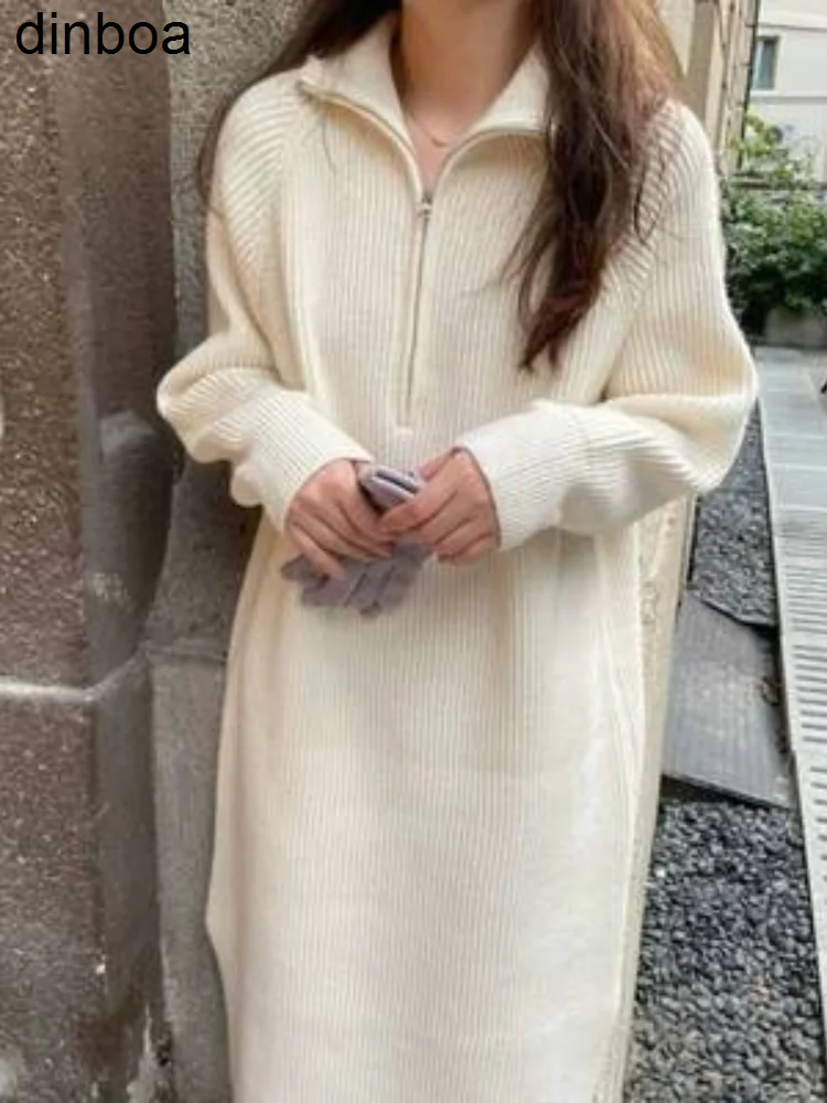 

Оригинальное японское новое осенне-зимнее модное платье-свитер на молнии с высоким воротником однотонные повседневные халаты с длинным ру...