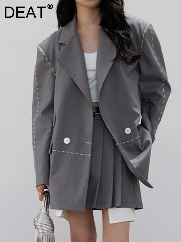 

DEAT Fashion Women's Blazer Notched Collar Loose Single Breasted Long Sleeve Bright Line Suit Jackets Spring 2023 New 17A5200H