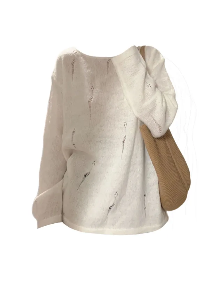 Женский свободный трикотажный свитер бежевый пуловер с круглым вырезом и