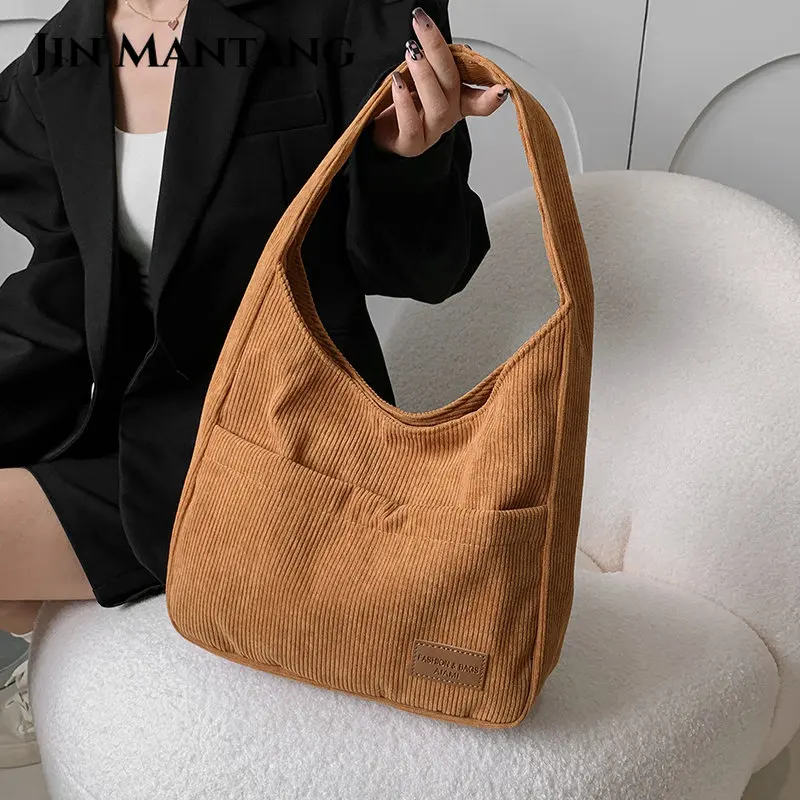 

JIN MANTANG Shoulder Side Bags for Women 2023 Winter Trends Casual Style Fashion Shopper Corduroy Shopping Handbags Tote Bags