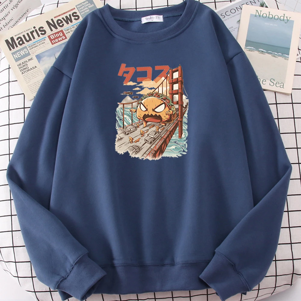 

Oversize Hamburger Destroys The Bridge Cartoon Print Sweatshirt Men Casual Soft Loose Round Neck Clothes Male Female Japan Tops