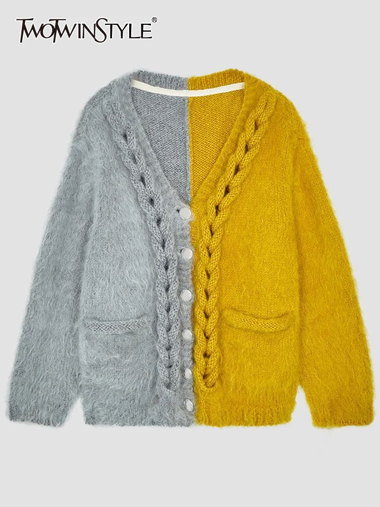 

Женский вязаный свитер twotwin2, разноцветный Повседневный Кардиган с v-образным вырезом и длинным рукавом