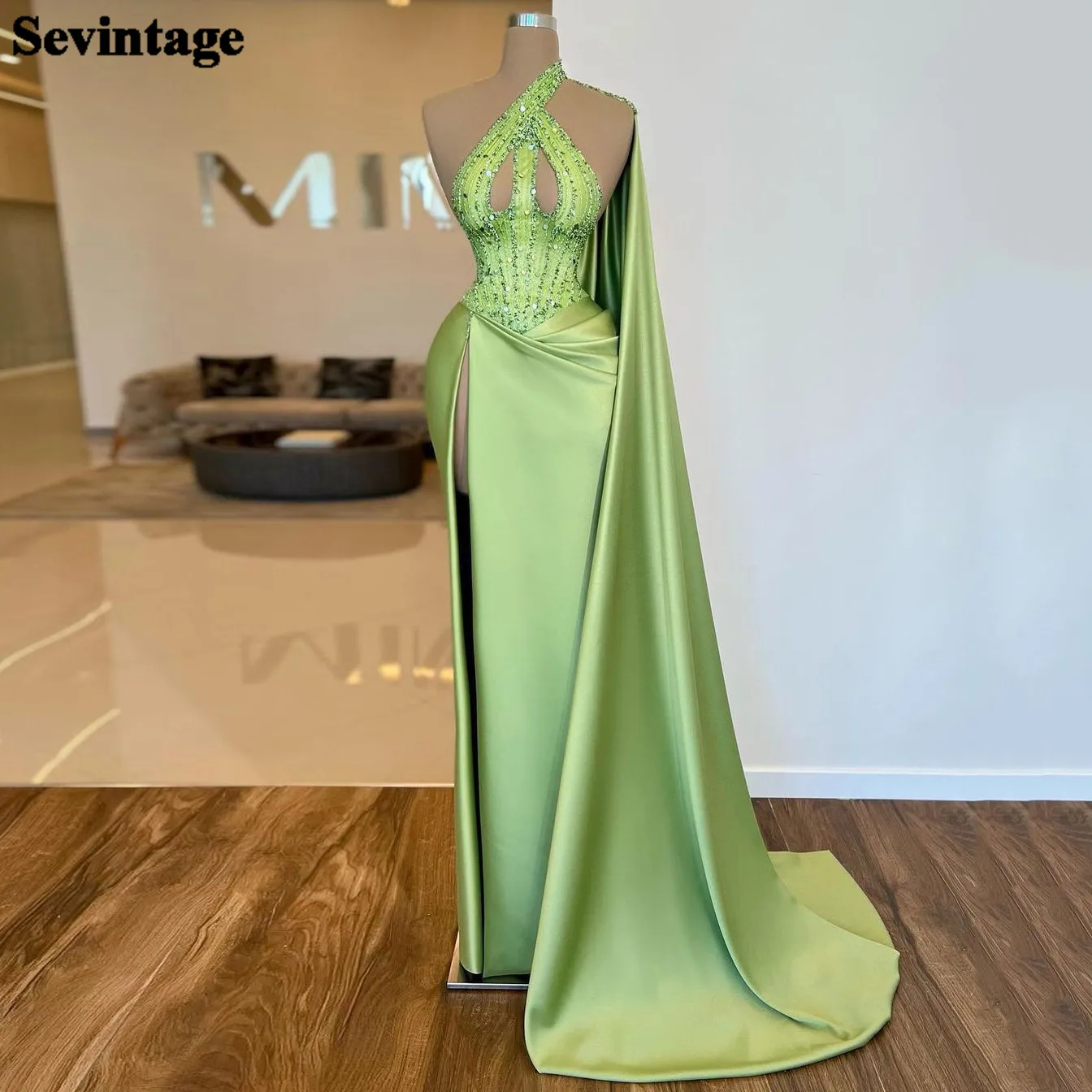 

Sevintage Mint Green Mermaid Satin Women Evening Dresses Sequines Beaded High Side Slit Formal Party Prom Gowns Event Outfits