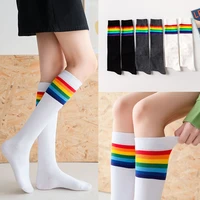 womens pure cotton rainbow socks summer thin long stockings black white woman thigh high socks cute girl color knee high socks