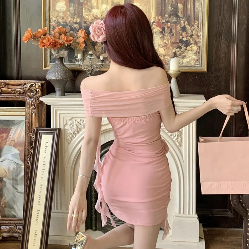 Pure Desire Sexy Off-shoulder Wrap-around Flowers Patchwork Dress Elegant Temperament Ribbon Design Slimming